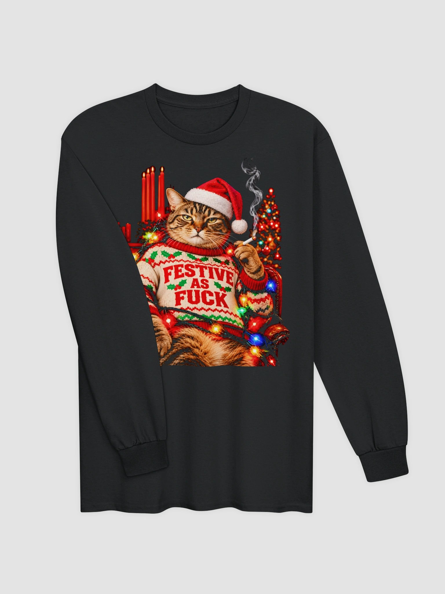 Festive As Fuck Cat Long Sleeve Shirt | Funny Smoking Cat Christmas Ugly Sweater Meme Long Sleeve Tee product image (2)