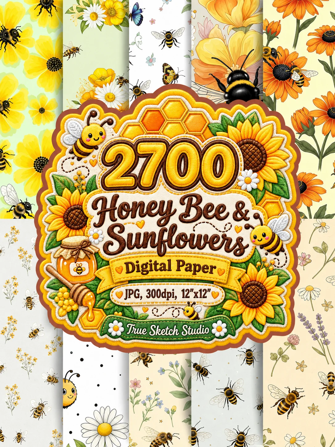 2700 Honey Bee Sunflower Digital Paper Bundle product image (3)