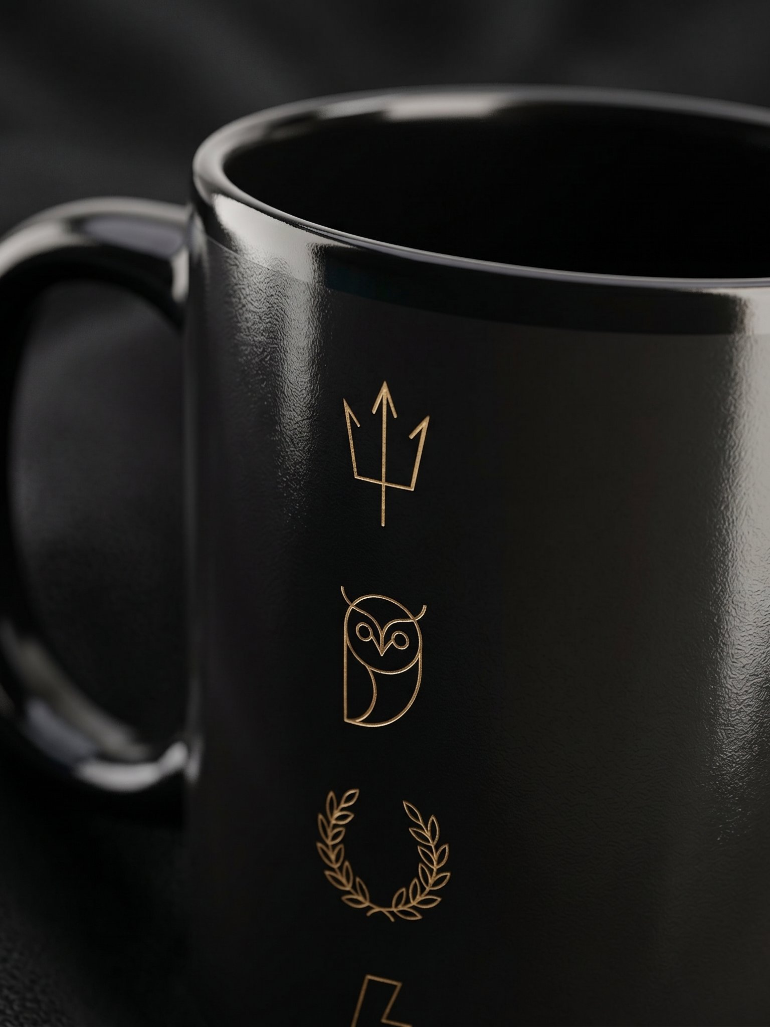 Greek Mythology Symbol Mug – Minimal Trident, Owl & Laurel Design in Black & Gold product image (2)