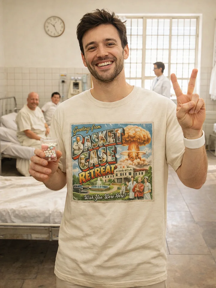 Basket Case Retreat Tee – 90s Retro Apocalypse Postcard Shirt product image (1)