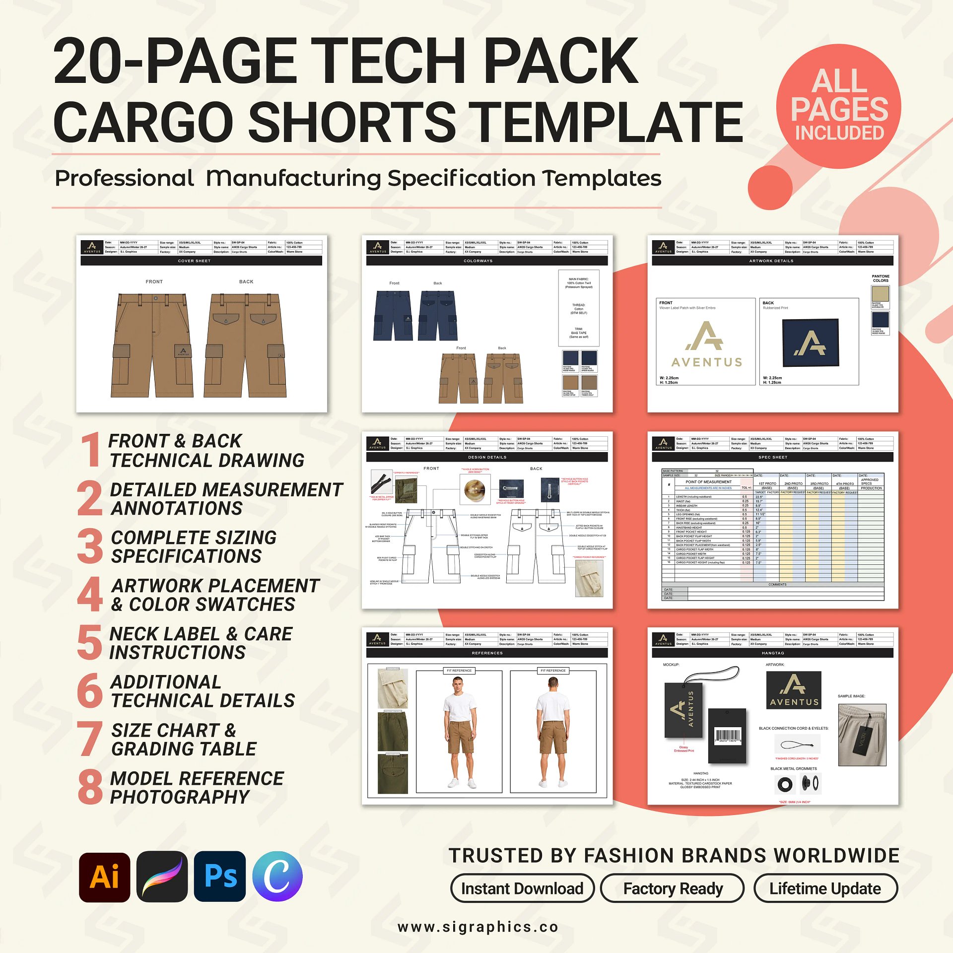 Cargo Shorts Tech Pack Template – Editable AI File product image (2)