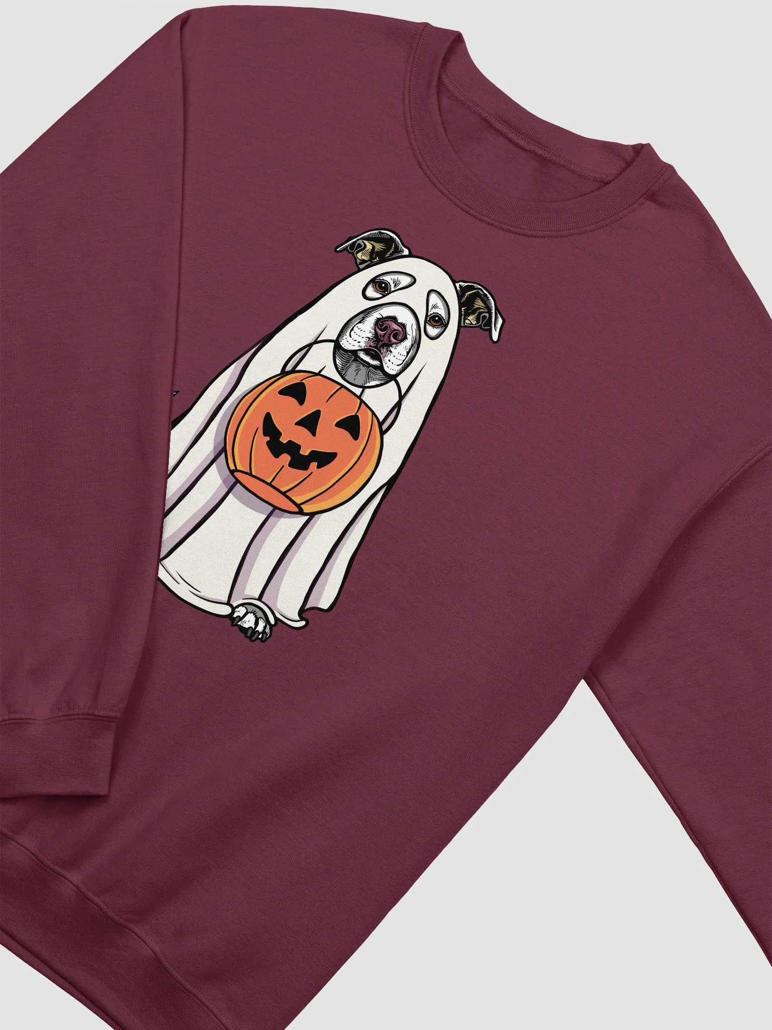 Funny Halloween Pitbull Terrier Sweatshirt | Funny Pittie Wearing a Ghost Costume and Holding a Pumpkin Basket product image (4)