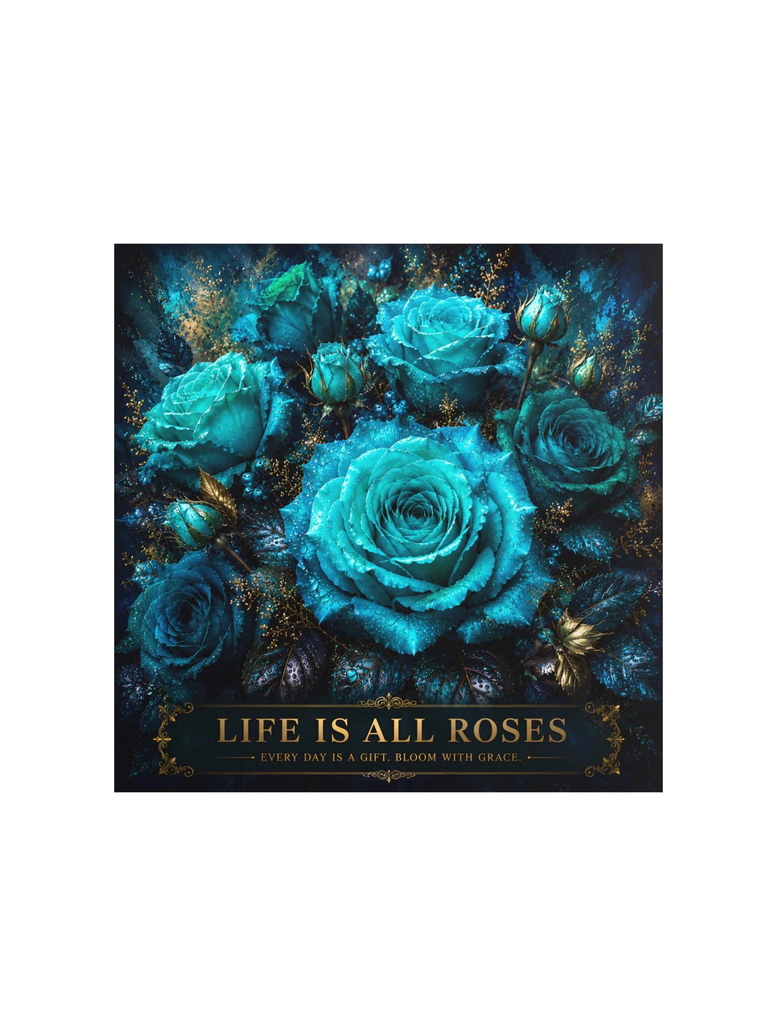 Turquoise Blue Roses Wall Art, Life Is All Roses, Teal Botanical Poster, Luxury Room Decor product image (2)