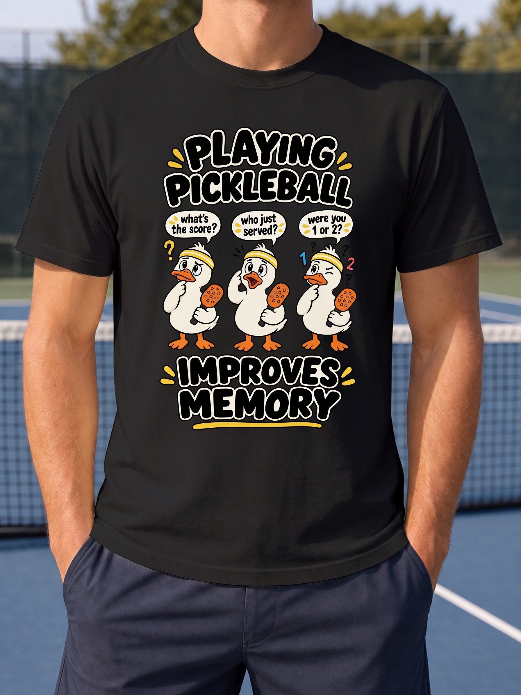 Funny Pickleball Improves Memory T-Shirt | Retro Cartoon Duck Graphic Tee | Unisex Heavyweight Cotton Shirt for Pickleball Players & Seniors product image (1)