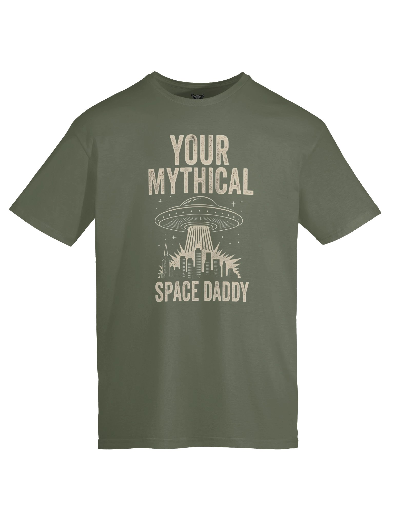 "Your Mythical Space Daddy" T-Shirt – Dark Sci-Fi Cityscape Graphic Tee | Funny Sarcastic Alien Humor Shirt product image (3)