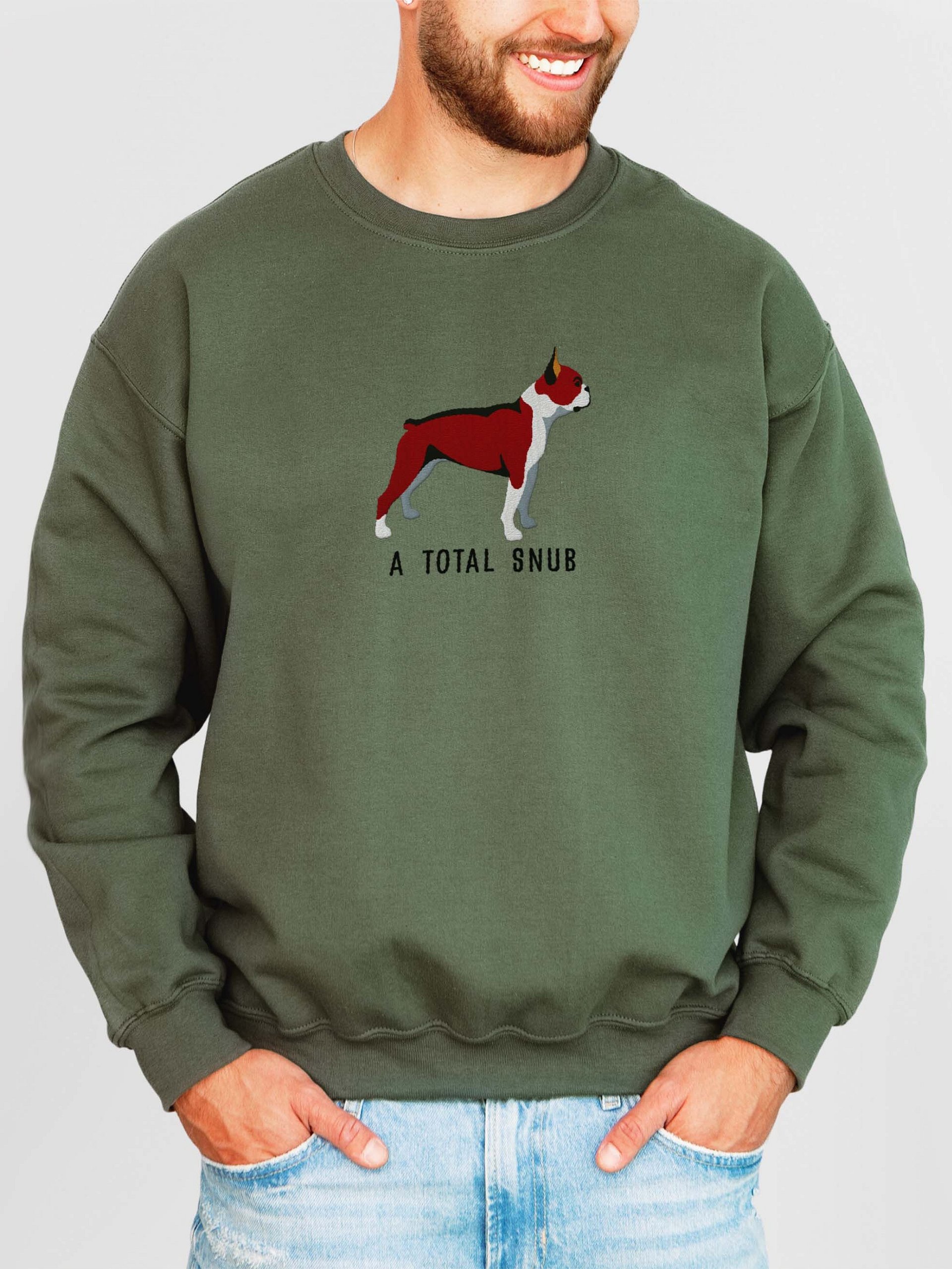 A Total Snub Sweatshirt (Embroidered) of a Boston Terrier(Red & White) product image (2)