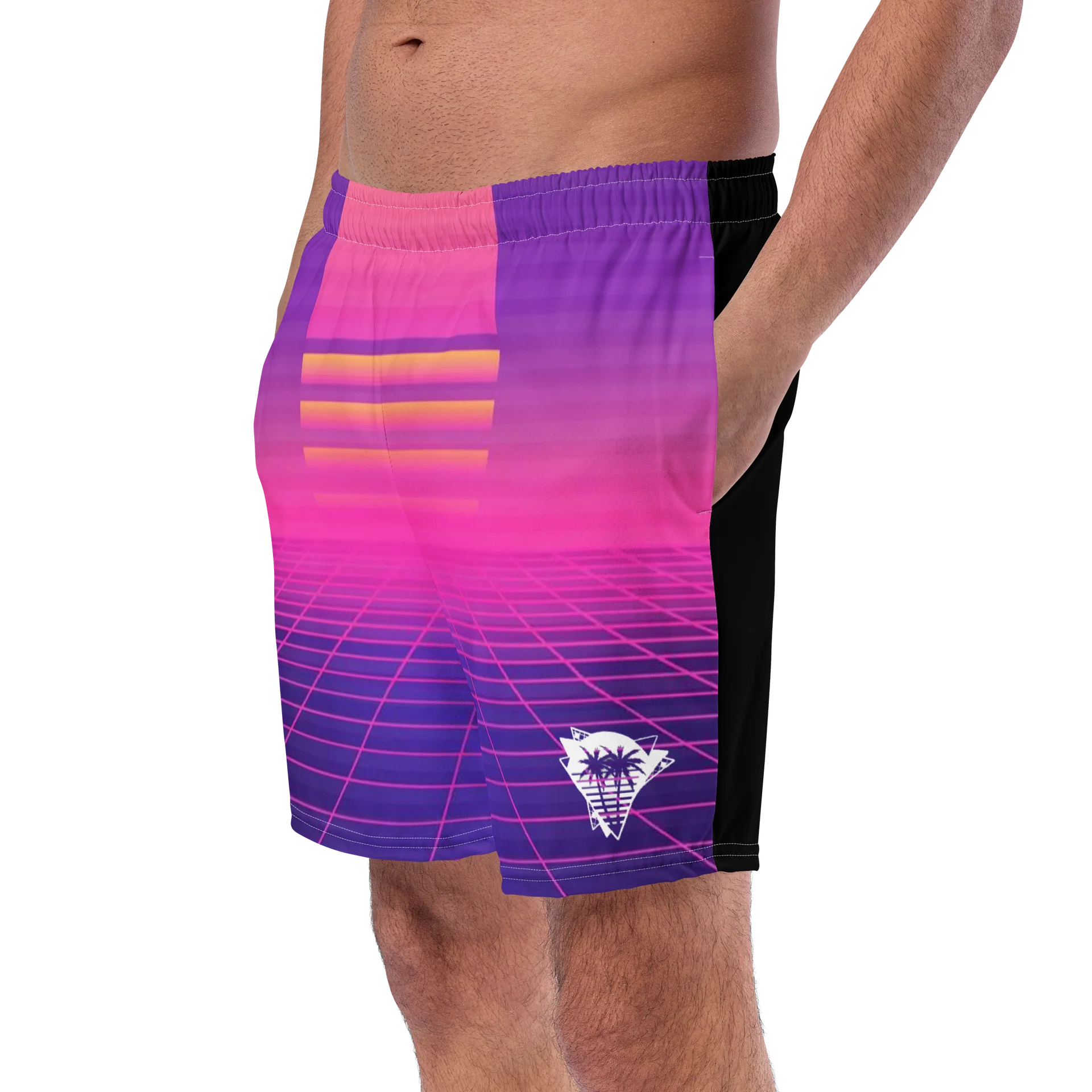 SUNSET SYNTHWAVE GRID SURFBOARD SHORT SWIM TRUNKS product image (2)