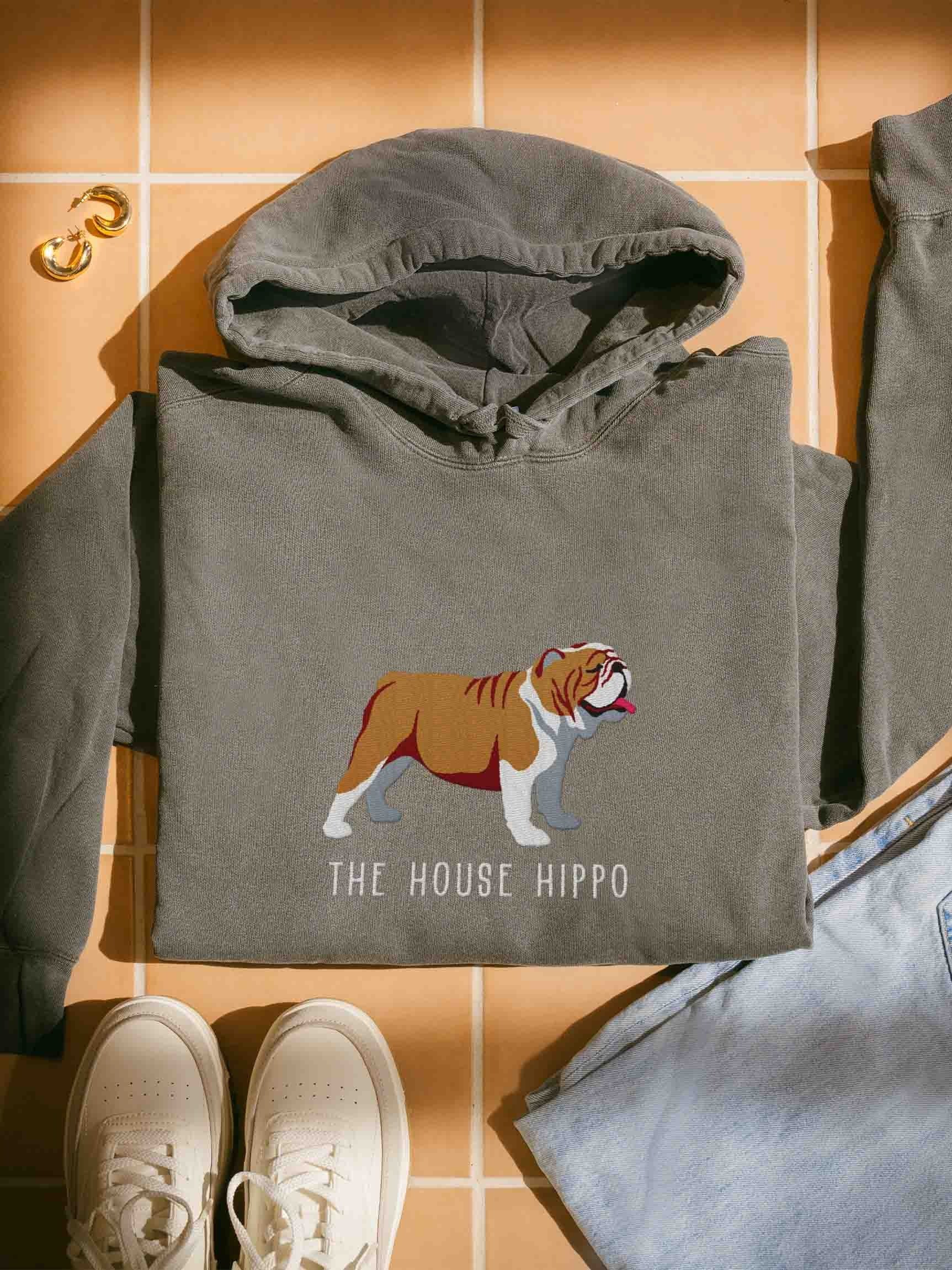 The House Hippo Premium Hoodie (Embroidered) of an English Bulldog(Brown & White) product image (1)
