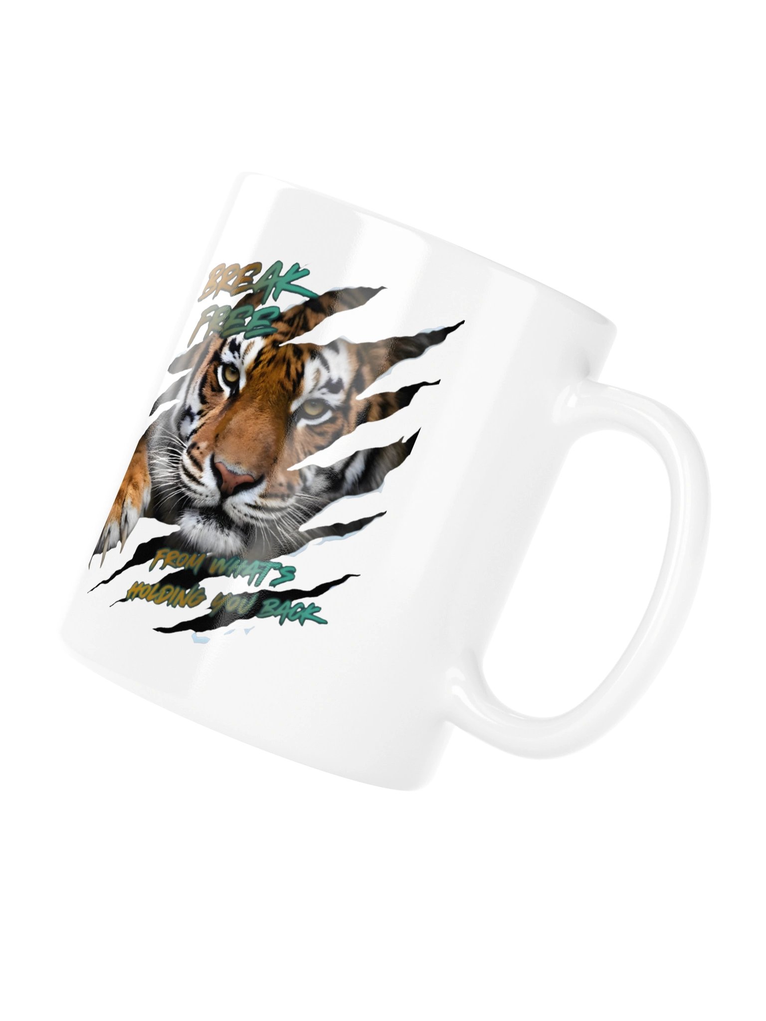 Encouraging Mug- Tiger Graphic- "Break Free From What's Holding You Back" - White Glossy Mug by Mugz- Mental Health Inspiration by Mind Matter product image (4)
