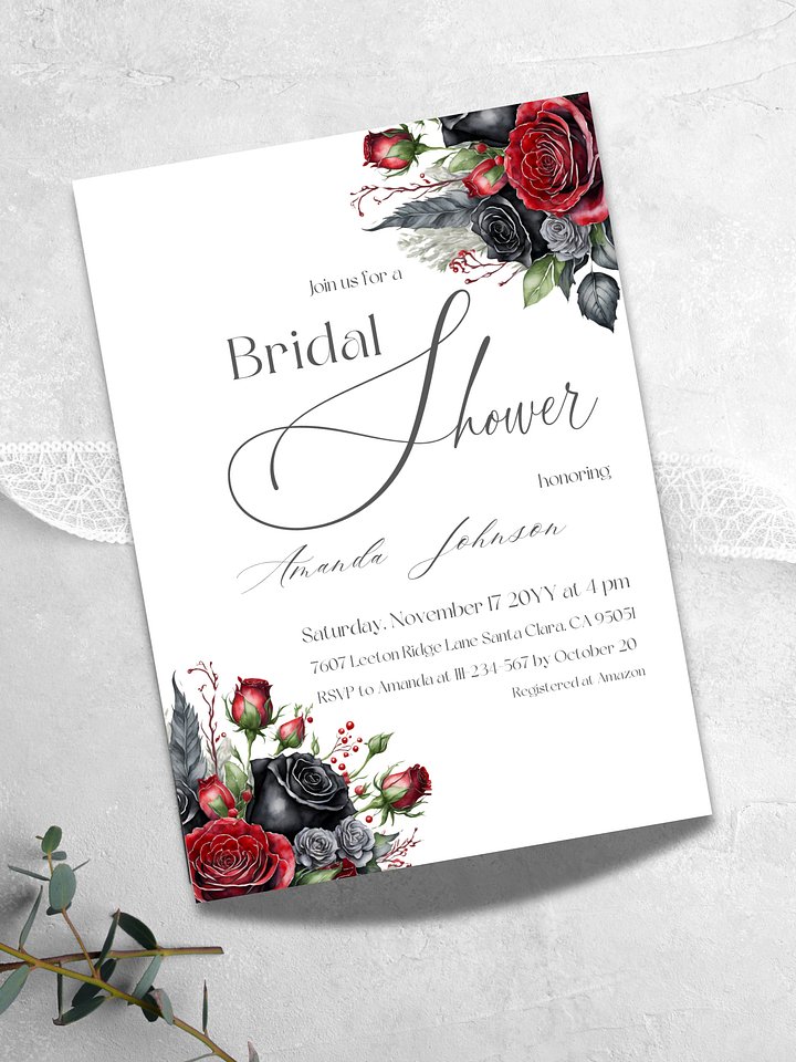 Dark Flowers Bridal Shower Invitation, Rustic Black Floral Wedding Shower Invite Canva Template, Printable Garden Party, Digital Download product image (1)