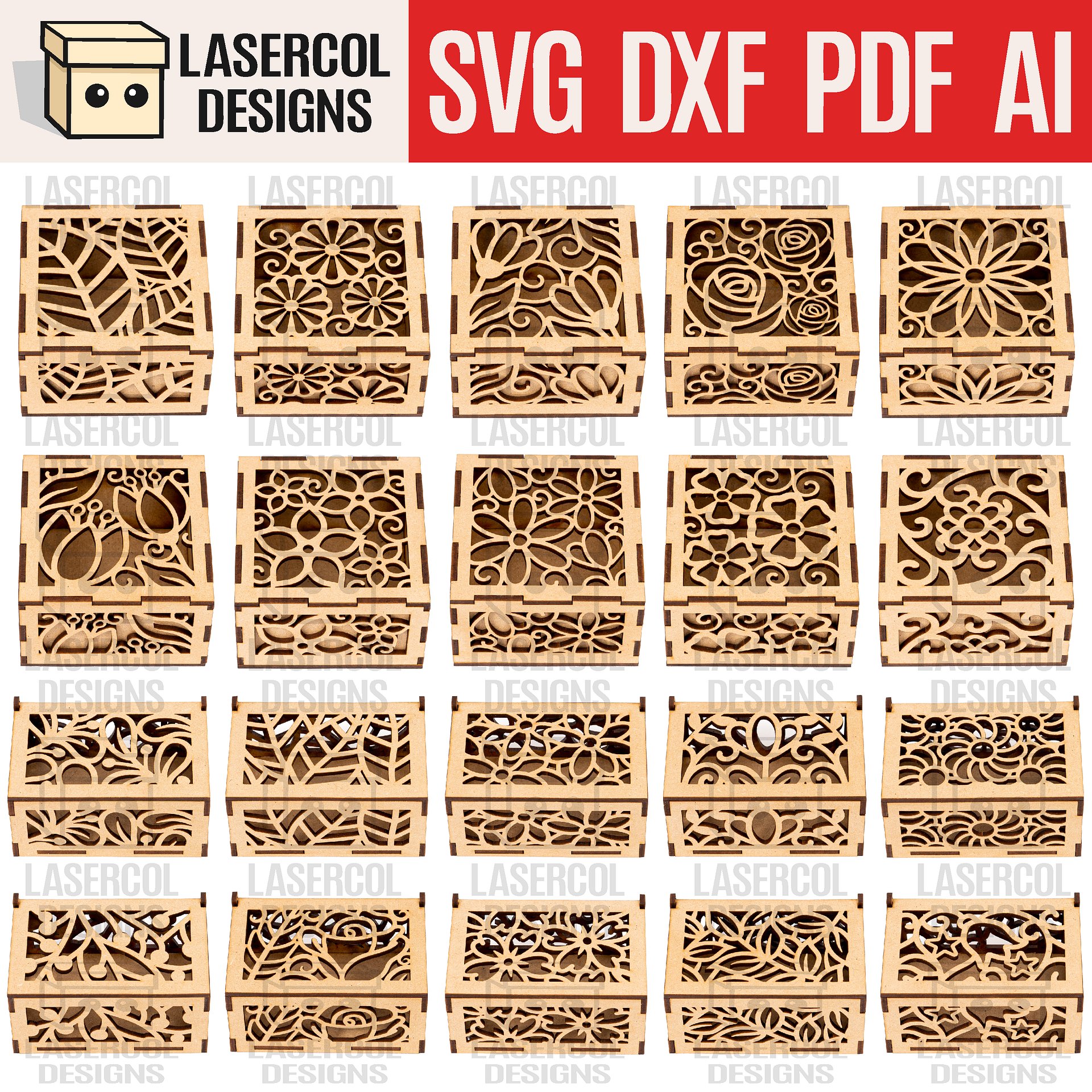 Boxes Bundle Set 1 & 2 (2 Sizes, 10 Styles Each) - Laser Cut Files product image (1)