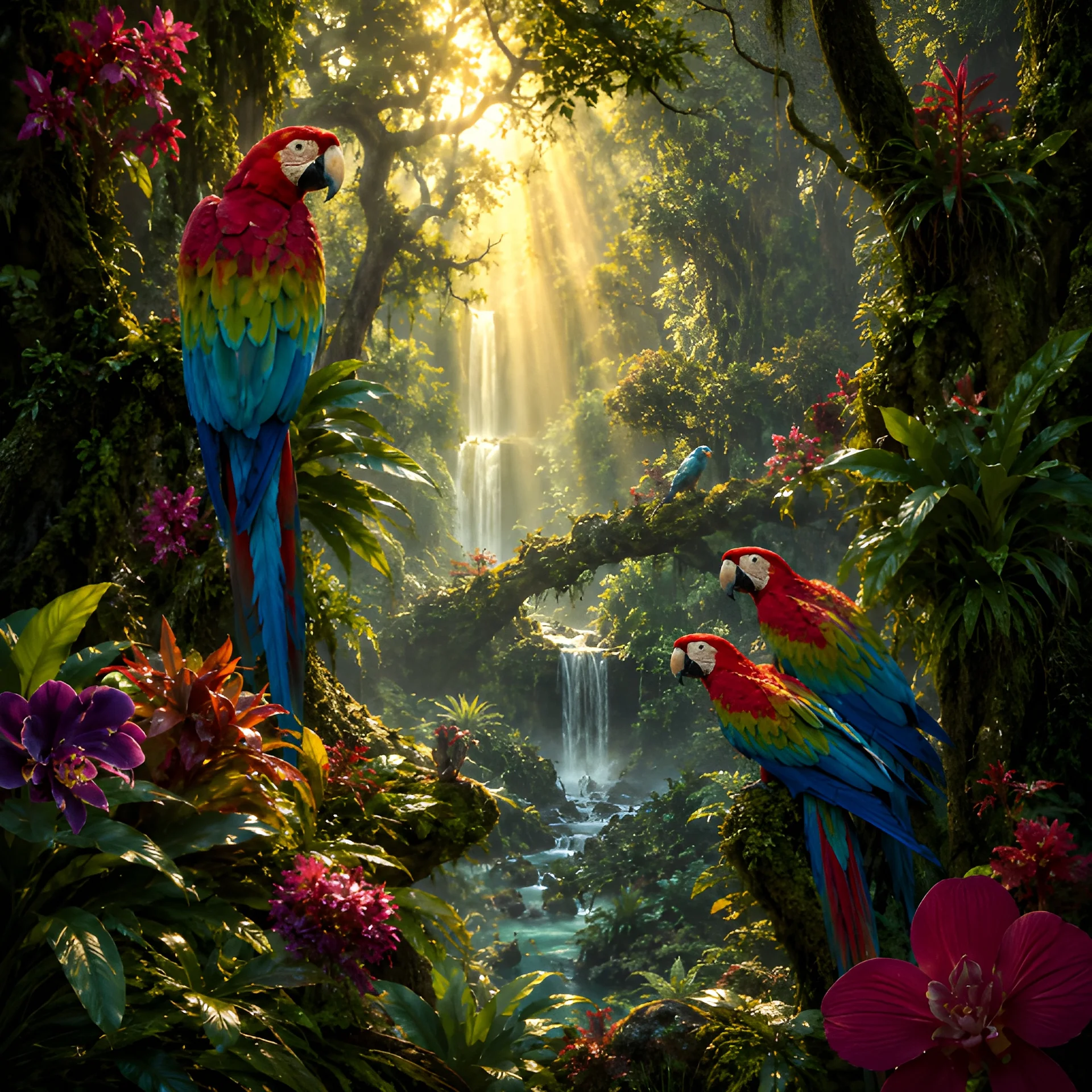 Macaws in Tropical Rainforest Wall Art | Jungle Waterfall Printable Digital Download product image (2)