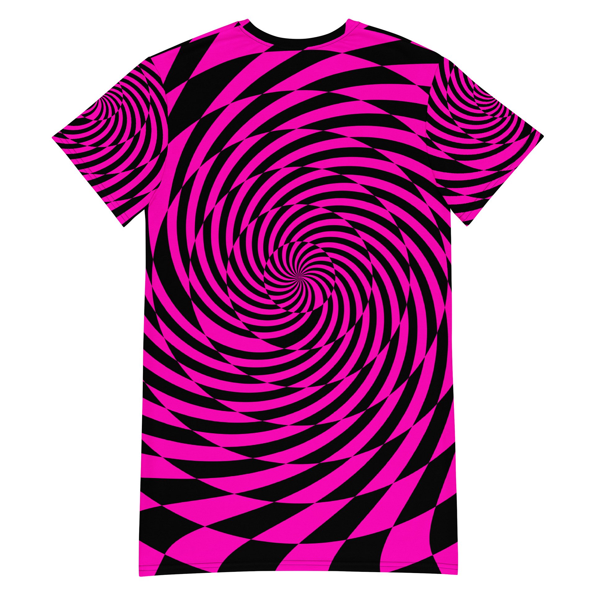Psychedelic Spirals T-Shirt Dress, Trippy Techno Rave Outfit, EDM Festival Fashion, Black Hot Pink Twisted Checkers Clothing product image (2)