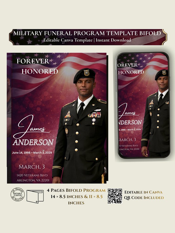 Military & First Responder Funeral Program Editable Canva Template, Patriotic Veteran Obituary Memorial product image (1)
