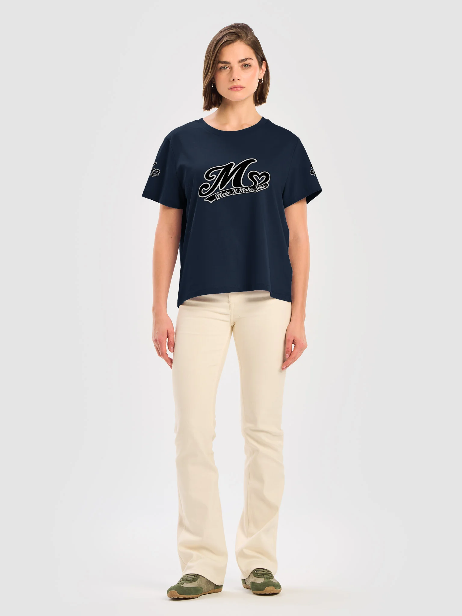 Make It Make Sense Women’s Black and White M Heart T-Shirt product image (28)