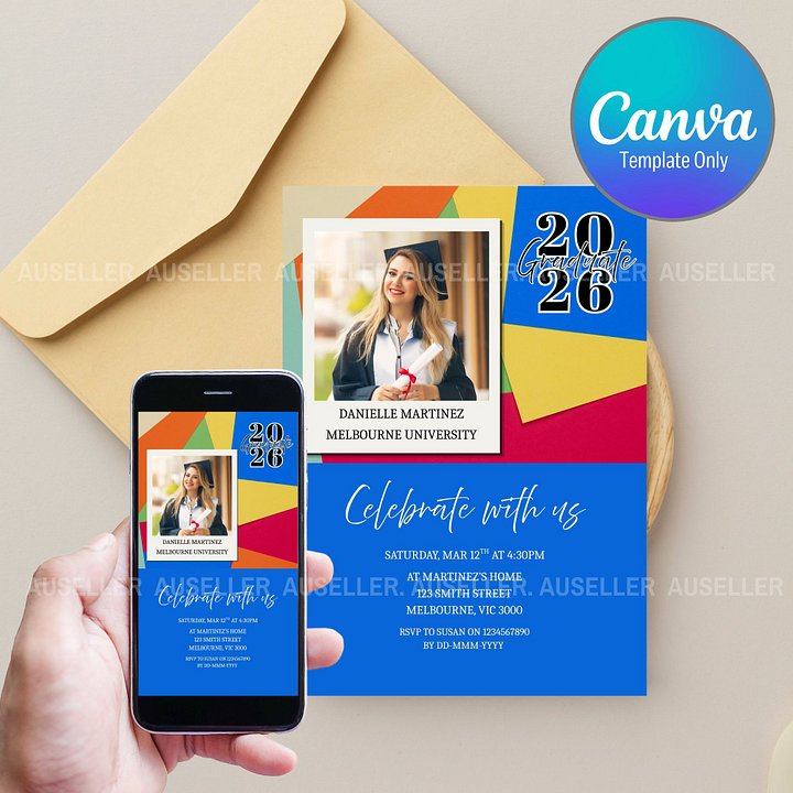 Colourful Graduation Invitation Template 2026 Editable Canva product image (1)