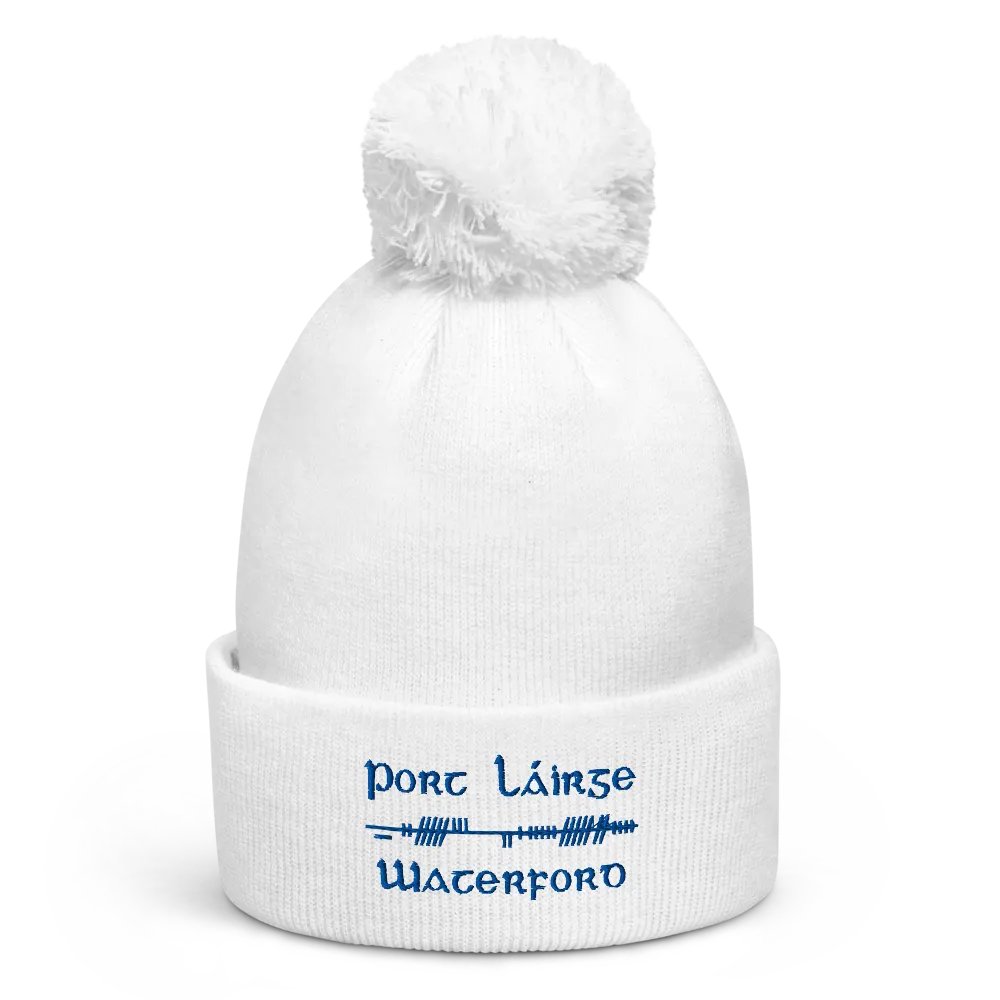 Waterford/Port Láirge, Orthodox style Ogham, white with blue, embroidered Pom-Pom Beanie product image (1)