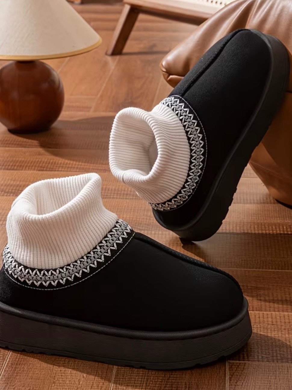 Retro Ethnic Pattern Knit Cuffed Fleece-Lined Back-Heel Slippers Women'S Winter Thick-Soled Warm Home Outing All-Match Soft Snow Boots, Women Shoes product image (1)