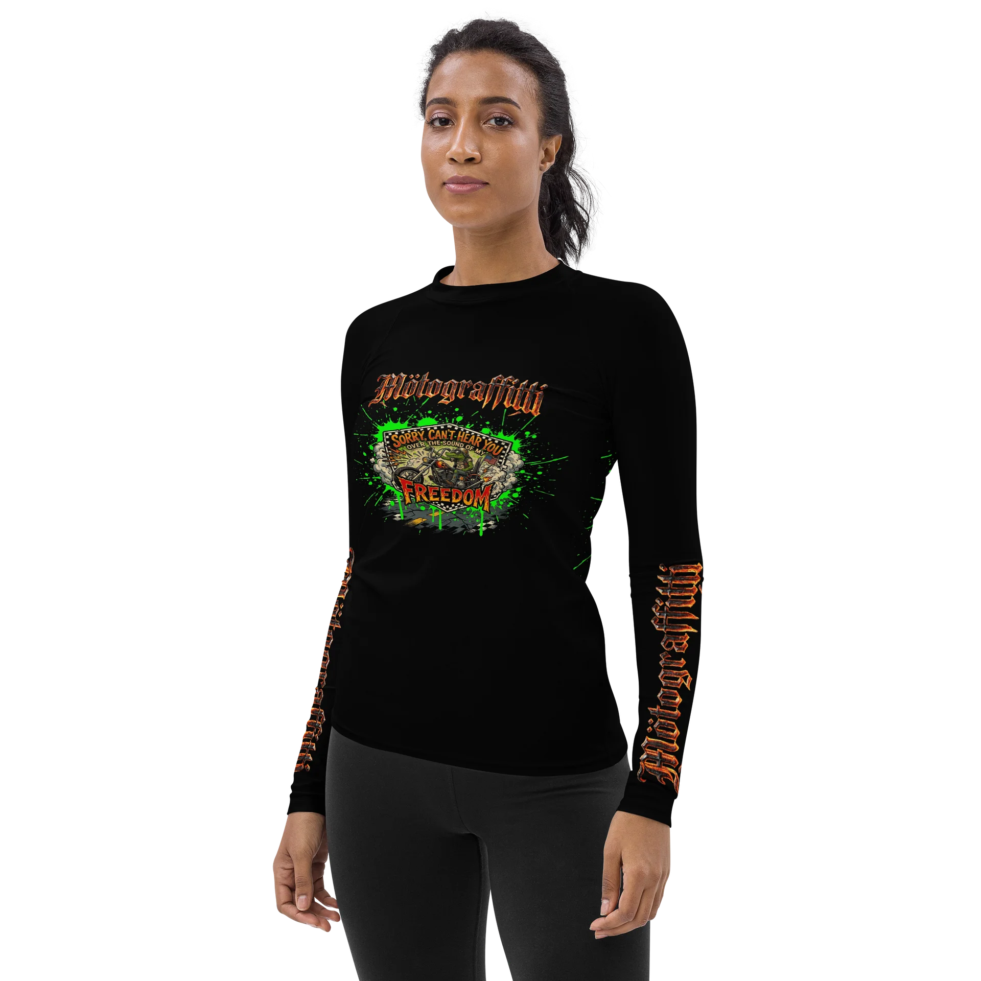 Women's MötoGraffitti "Can't Hear You Over My Freedom" Long Sleeve "Rash Guard"Tee Safety Orange product image (3)