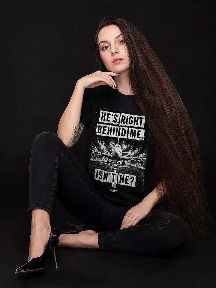 He's Right Behind Me, Isn't He? — Aviation Humour — Black Tee product image (1)