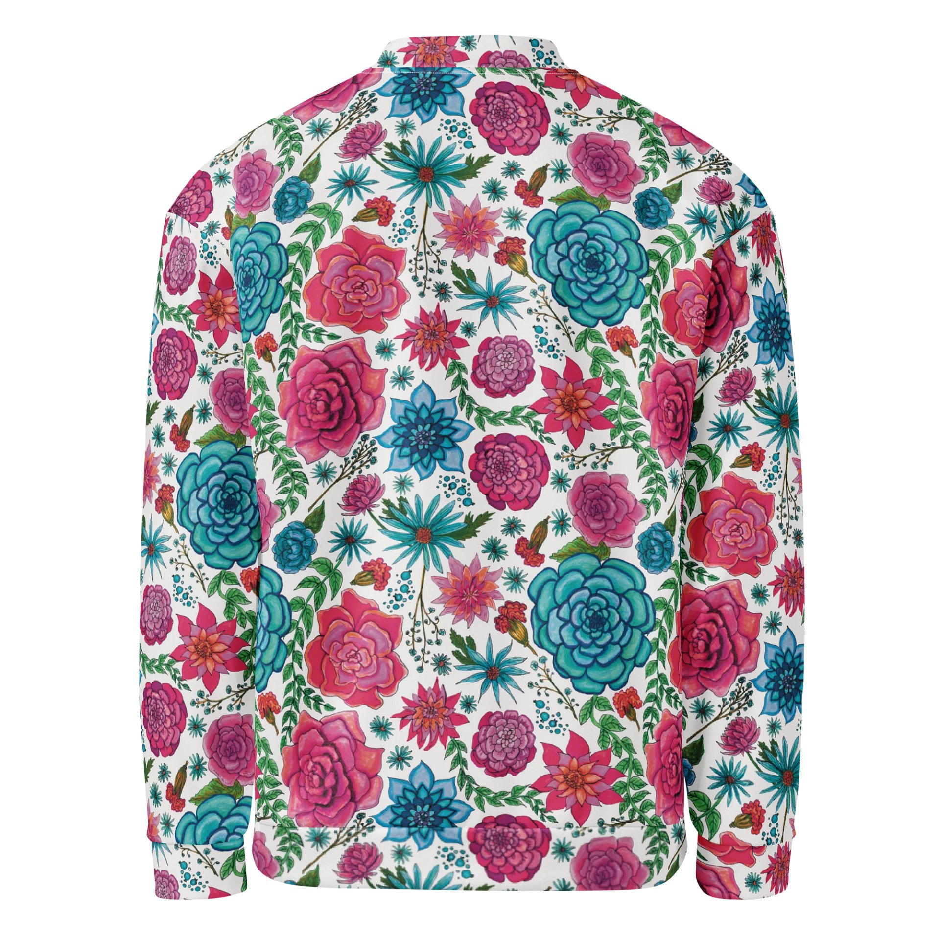 🌸 Bold Blooms, Bold Moves | Pink + Blue Floral on White | Unisex Bomber Jacket | Monique Faella Designs™ product image (2)