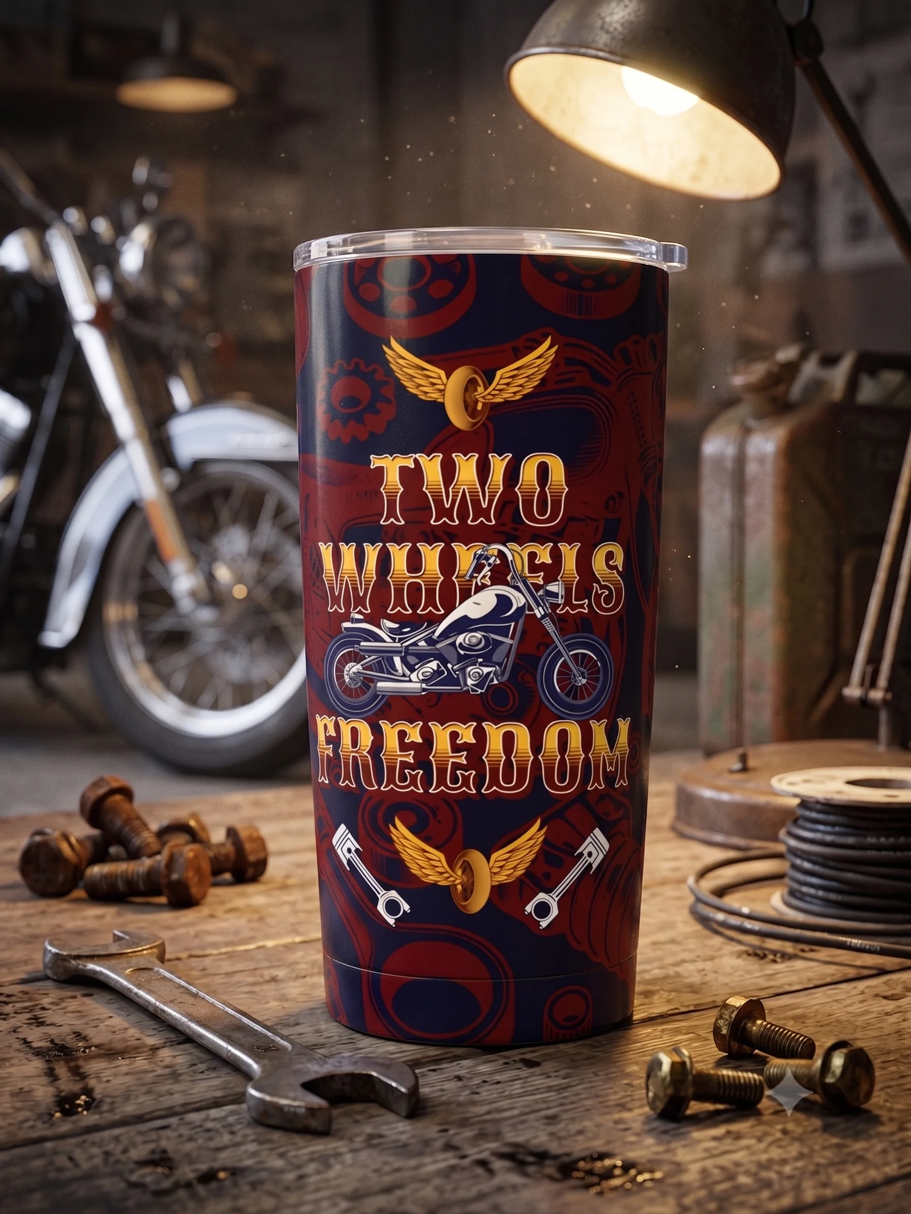 20oz Stainless Steel Tumbler with Lid - Two Wheels Freedom Vintage Motorcycle Design, Double-Wall Vacuum Insulated Biker Travel Cup by BoldPixel product image (1)