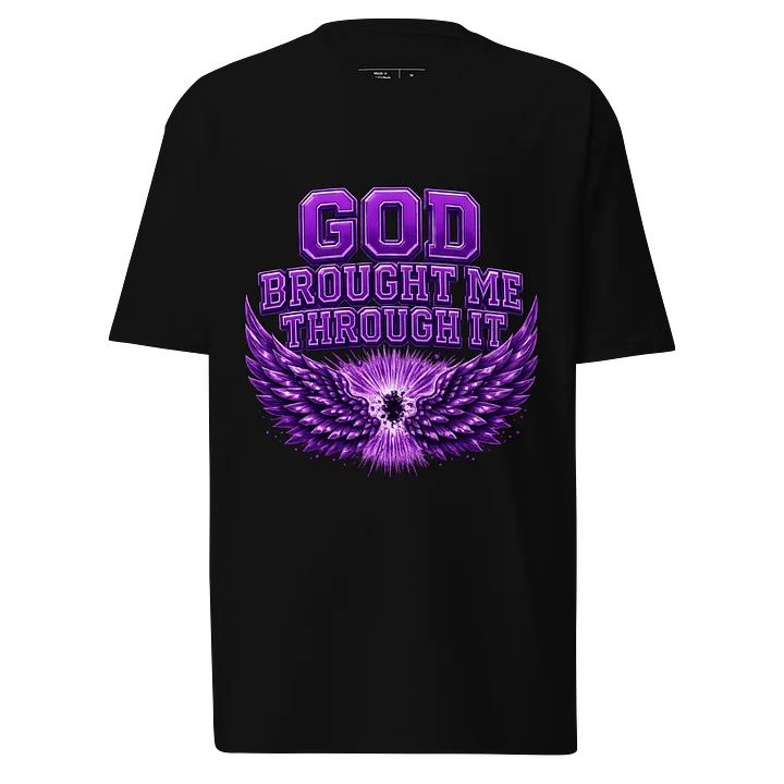 God Brought Me Through It Purple Wings Black Tee product image (1)