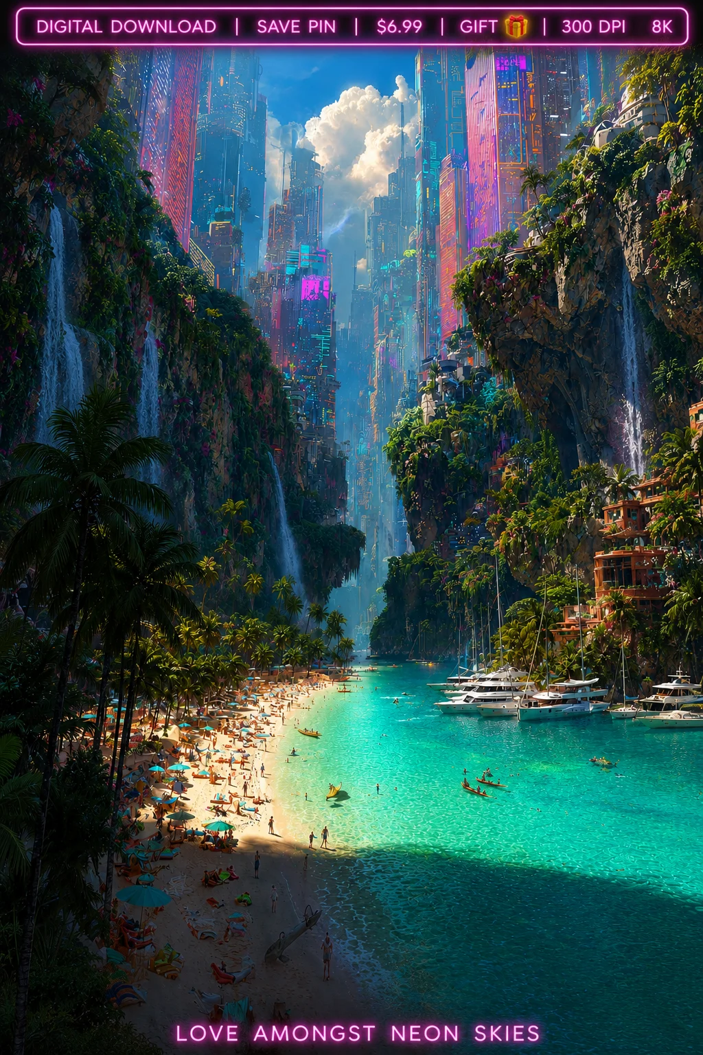 Love Amongst Neon Skies Wall Art, Futuristic Tropical City Digital Download, Cyberpunk Beach Decor product image (1)