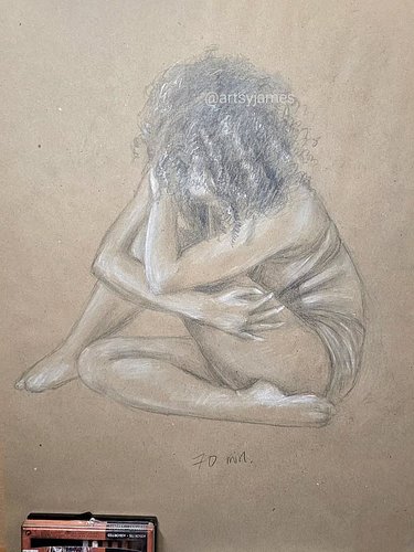 Today's figure drawing, graphite and white pencil on brown kraft paper. Using the line-of-action website as usual. 🩶

#figure...