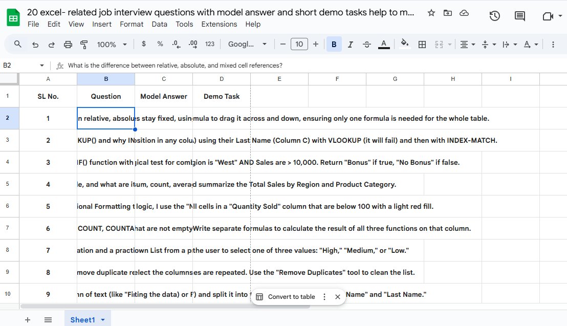 20 excel- related job interview questions with model answer and short demo tasks help to me practice product image (1)