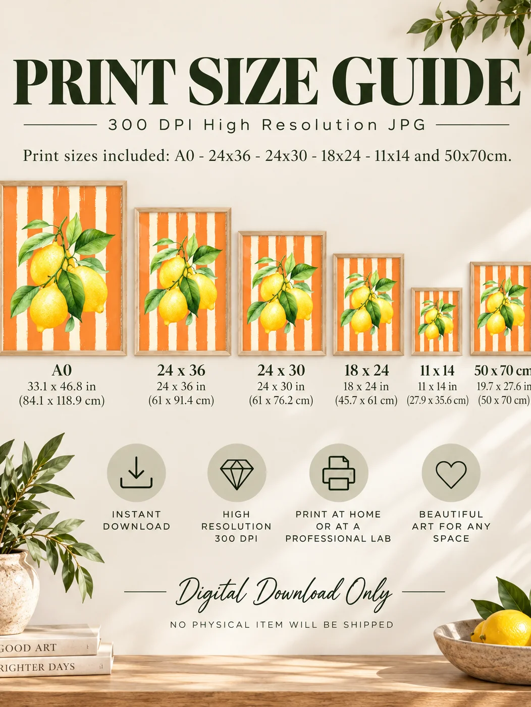 Lemon Wall Art Set | Citrus Kitchen Decor | Mediterranean Printable Posters | Orange Blue Sage Botanical Trio Download product image (9)