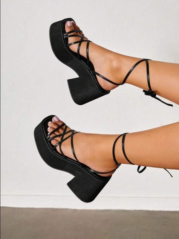 Black Criss Cross Strappy Platform Wedge Sandals | Women's Chunky Heel Party Shoes for Graduation, Prom, Vacation & Night Out | ADLEST product image (2)