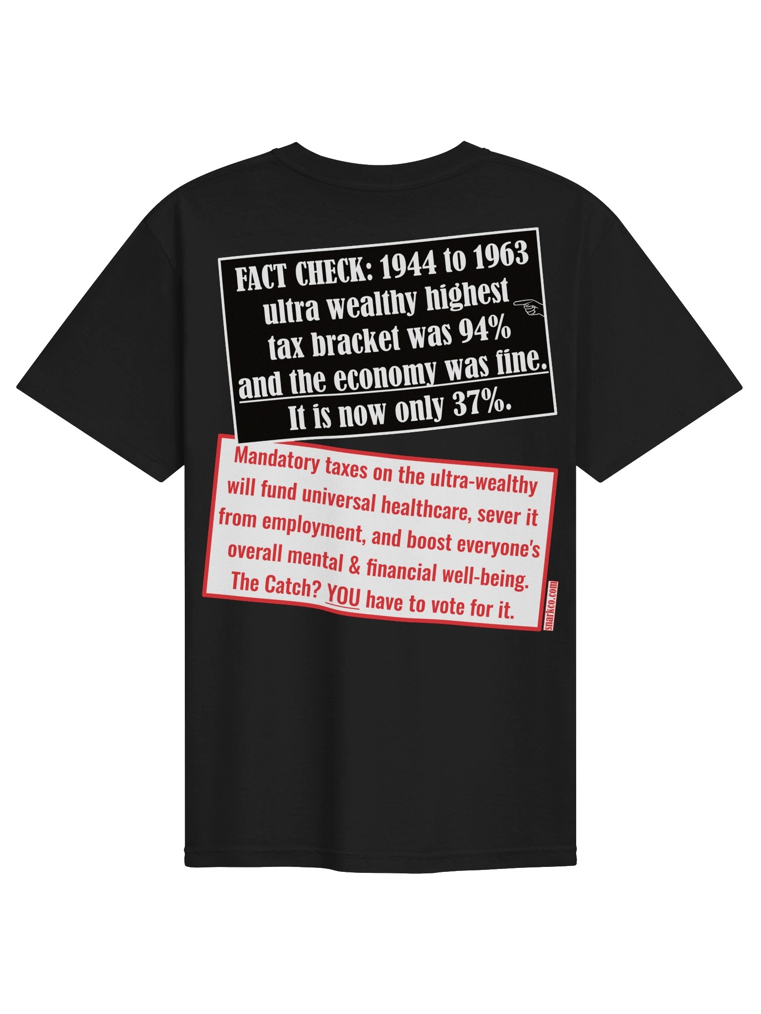 High quality tee says: "FACT CHECK: 1944 to 1963 ultra wealthy highest tax bracket was 94% and the economy was fine. It is now only 37%." product image (1)