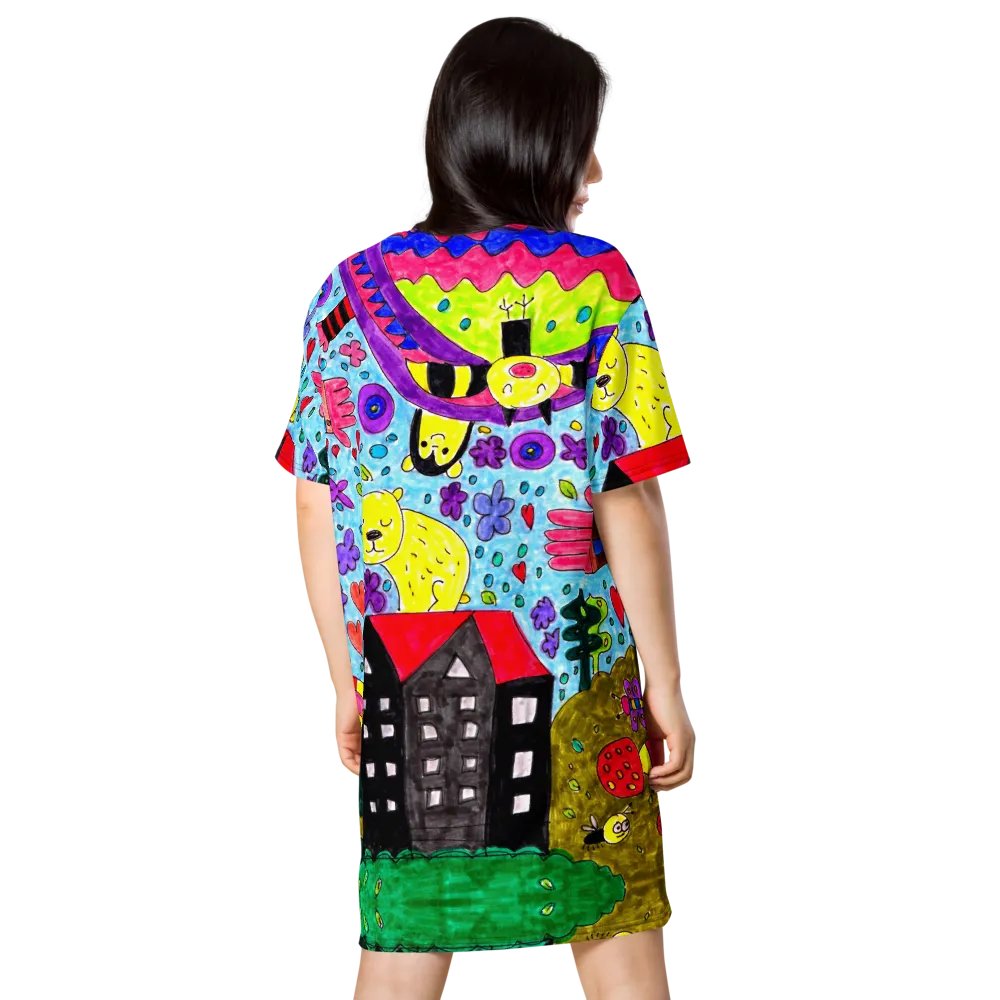 Abstract Vibrant Doodle Characters Ladies T Shirt Dress product image (4)