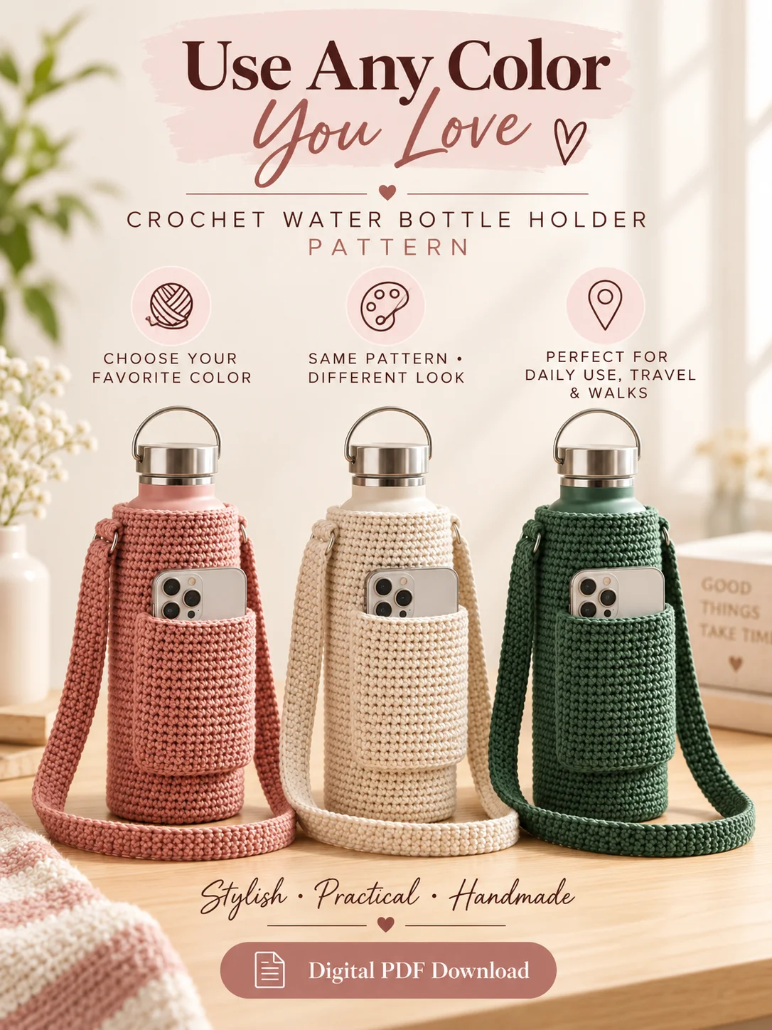 Crochet Water Bottle Holder with Phone Pocket – PDF Pattern product image (1)
