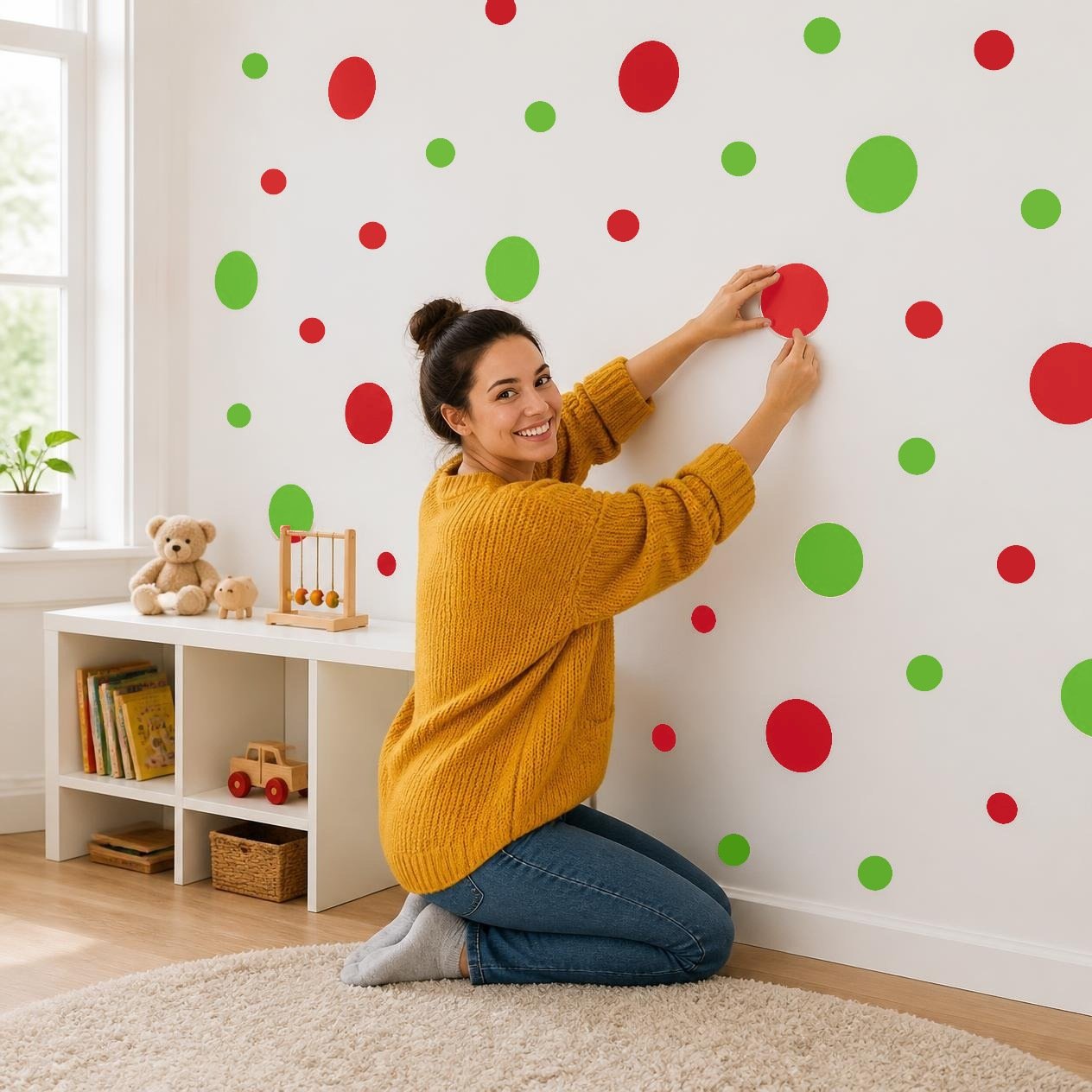 Lime Green and Red Polka Dot Wall Decals, 2" and 4" Vinyl Circle Stickers, Removable Dot Decals for Nursery, Kids Room, Playroom product image (2)