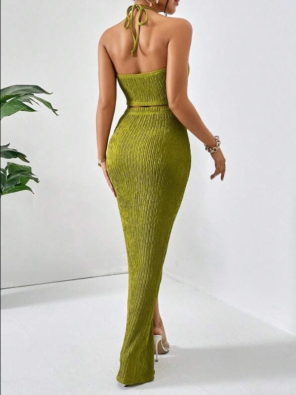 Firerie Solid Crop Halter Top & Twist Front Split Thigh Skirt Two Piece product image (3)