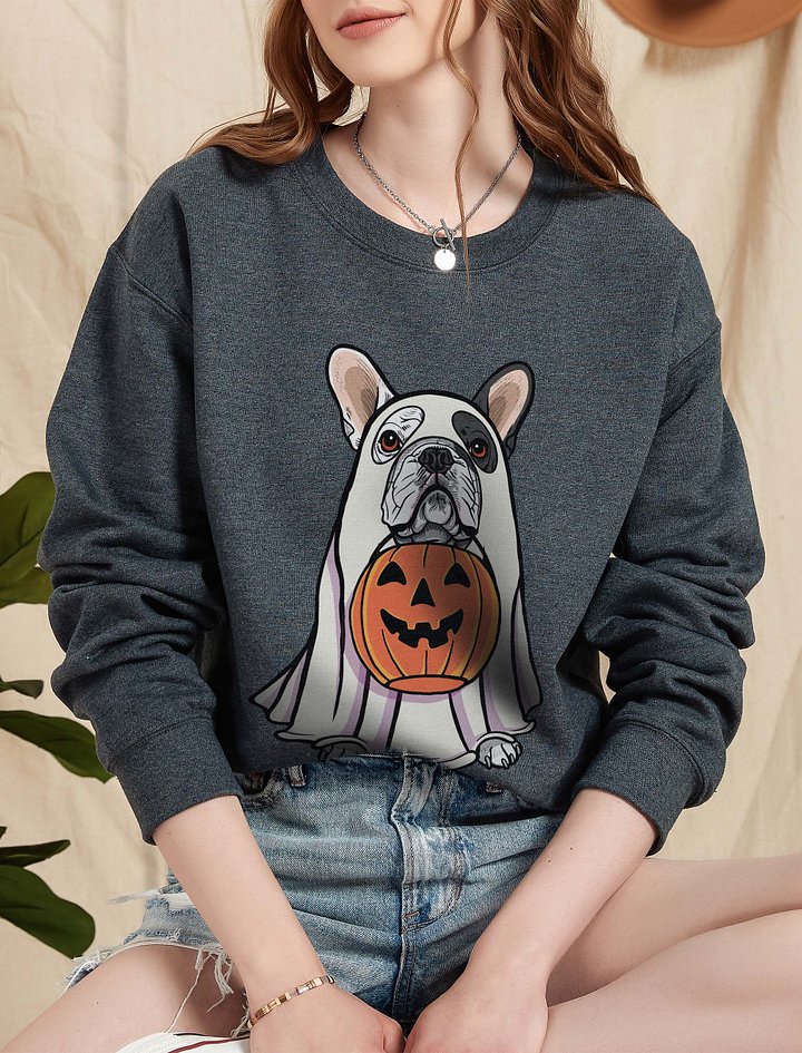 Funny Halloween French Bulldog(Pied) Sweatshirt | Funny Frenchie Wearing a Ghost Costume and Holding a Pumpkin Basket product image (2)