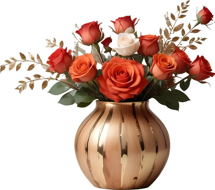 Elegant Gold-Striped Vase with Orange and White Roses PNG product image (1)