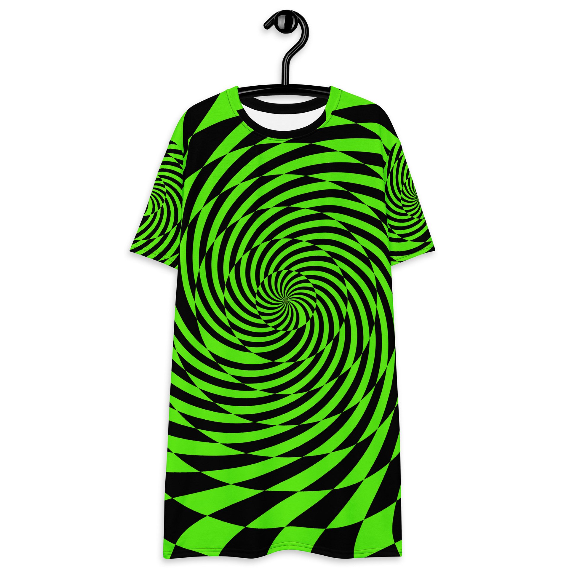 Trippy Rave Wear Spirals T-Shirt Dress, Psychedelic EDM Festival Outfit, Neon Green Black Alternative Fashion, Dance Party Checker Clothing product image (6)