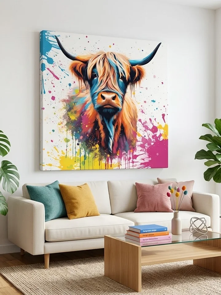 Multi Coloured Paint Splash Highland Cow Wall Art product image (1)