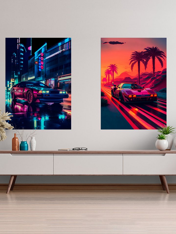 Sleek retrowave car DMC DeLorean with synthwave neon lights [synthwave/vaporwave/cyberpunk] — aesthetic art print product image (2)