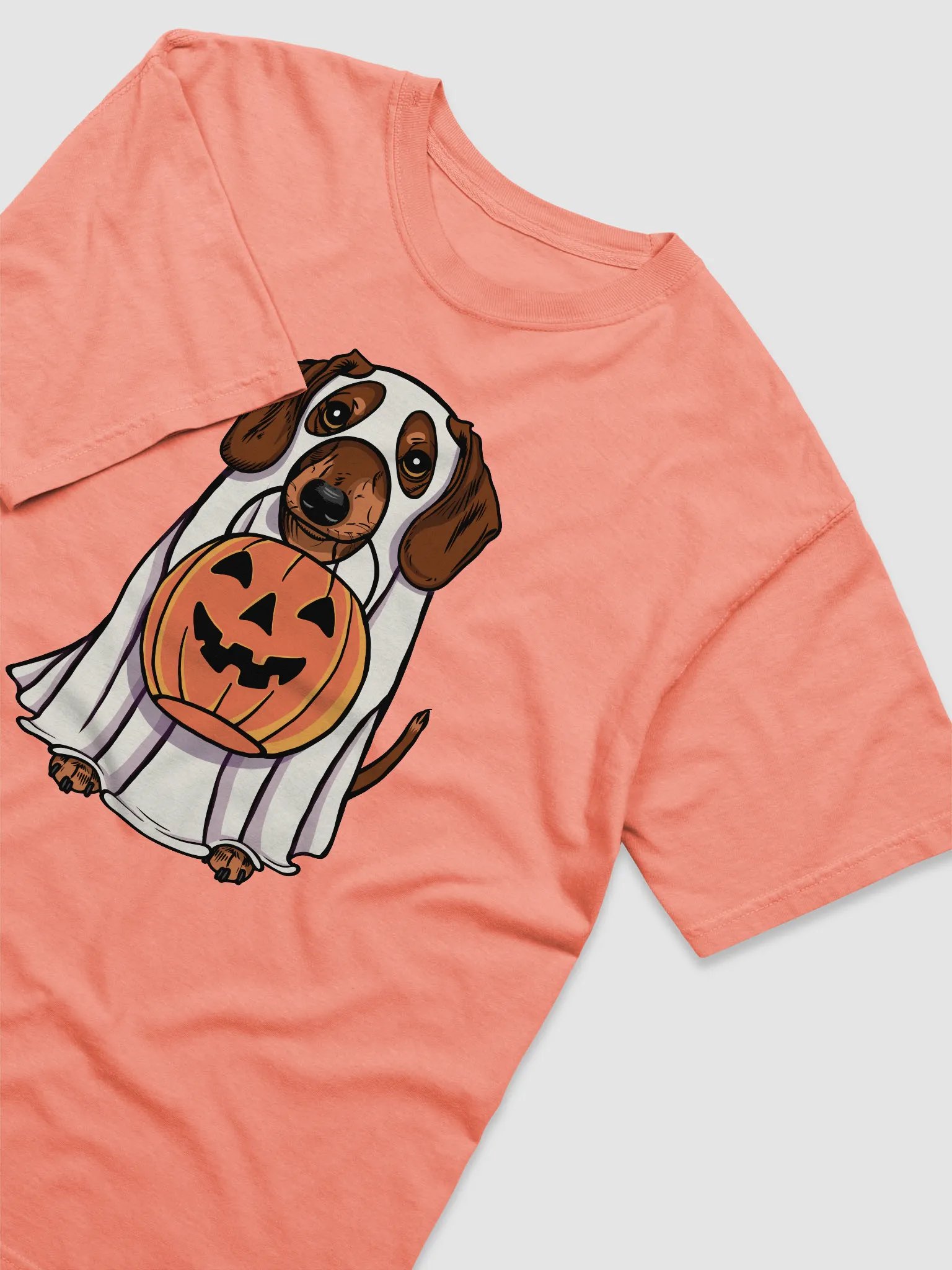 Funny Halloween Dachshund(Red) T-Shirt | Funny Doxie/Wiener Wearing a Ghost Costume and Holding a Pumpkin Basket product image (6)