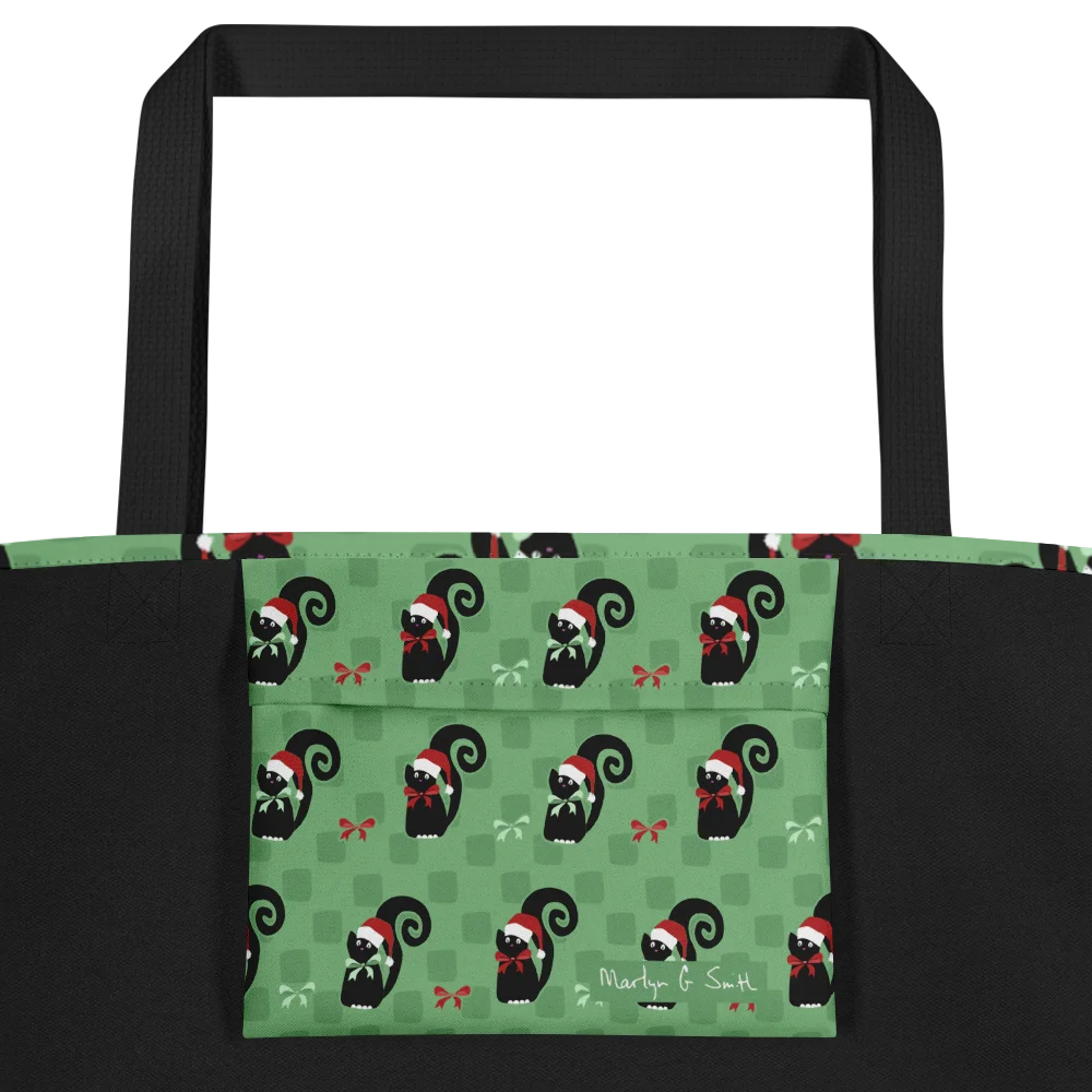 Black Christmas Kitties On Mint Green Checkerboard – Large Tote Bag product image (2)