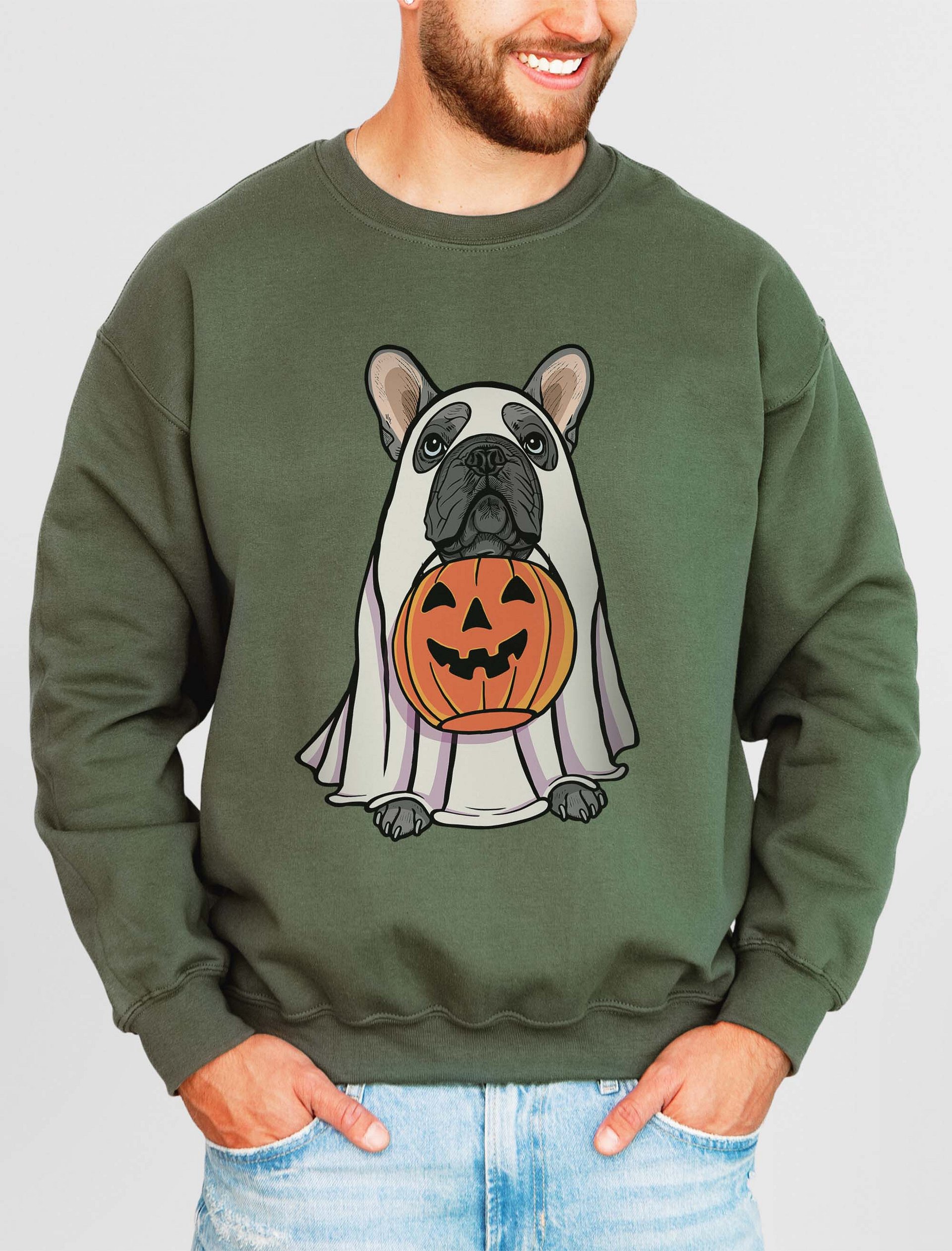 Funny Halloween French Bulldog(Blue) Sweatshirt | Funny Frenchie Wearing a Ghost Costume and Holding a Pumpkin Basket product image (2)