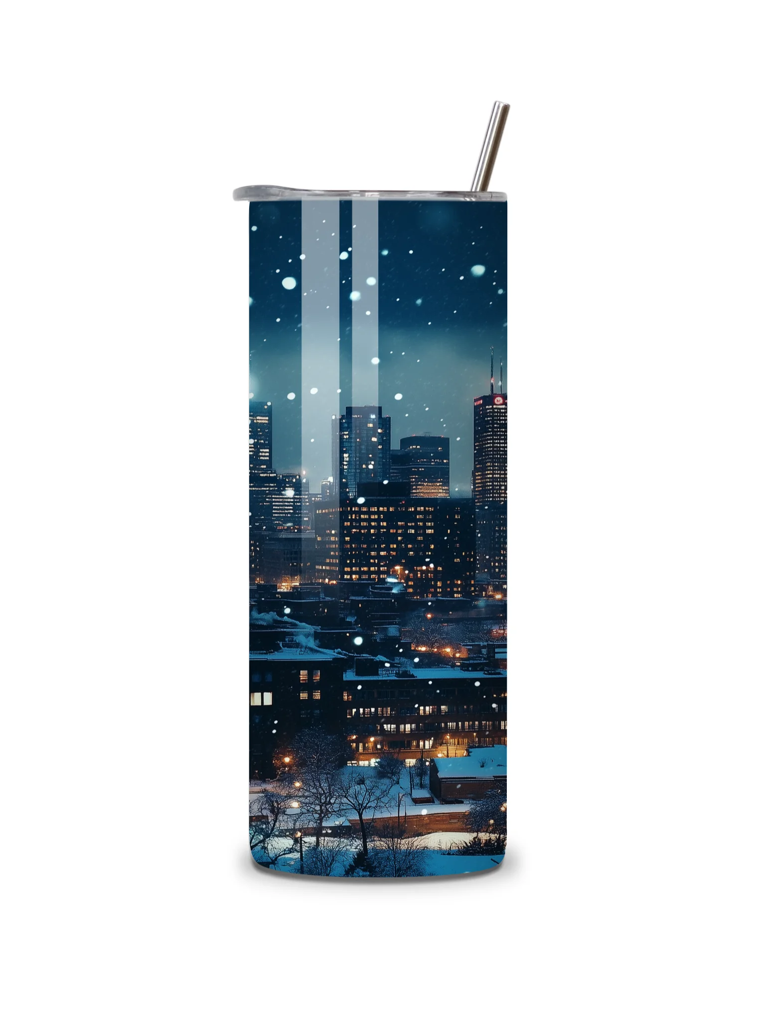 Winter City Skyline 20oz Skinny Tumbler with Metal Straw – Elegant Snowfall and Urban Design – Double-Walled Insulated Stainless Steel Tumbler, Great for City and Winter Lovers product image (5)