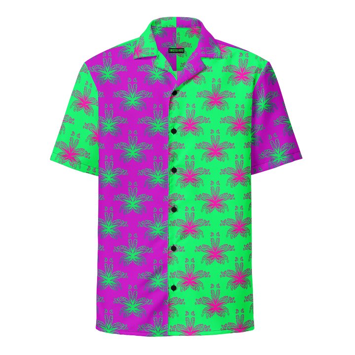 Weird Weed Leaves Unisex Button Down Stoner Shirt, Green Purple Pot Leaf Pattern Summer Cannabis Clothing product image (1)