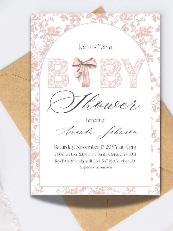 Pink Toile de Jouy and Bow Baby Shower Invitation, Chinoiserie Floral Themed Girl Baby Shower Invite for Digital Download product image (1)
