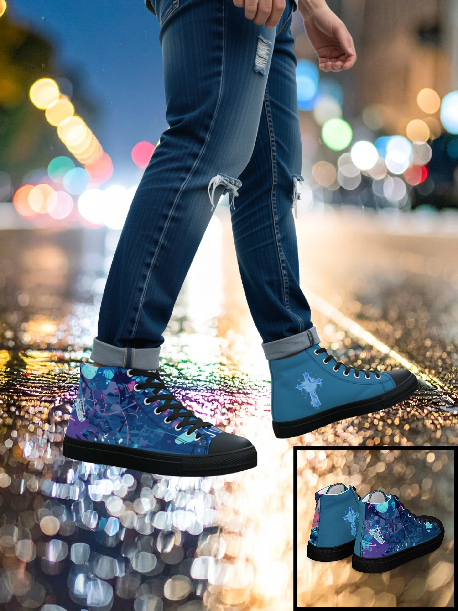 Neon Blue Graffiti Cross Mens High Top Shoes product image (1)