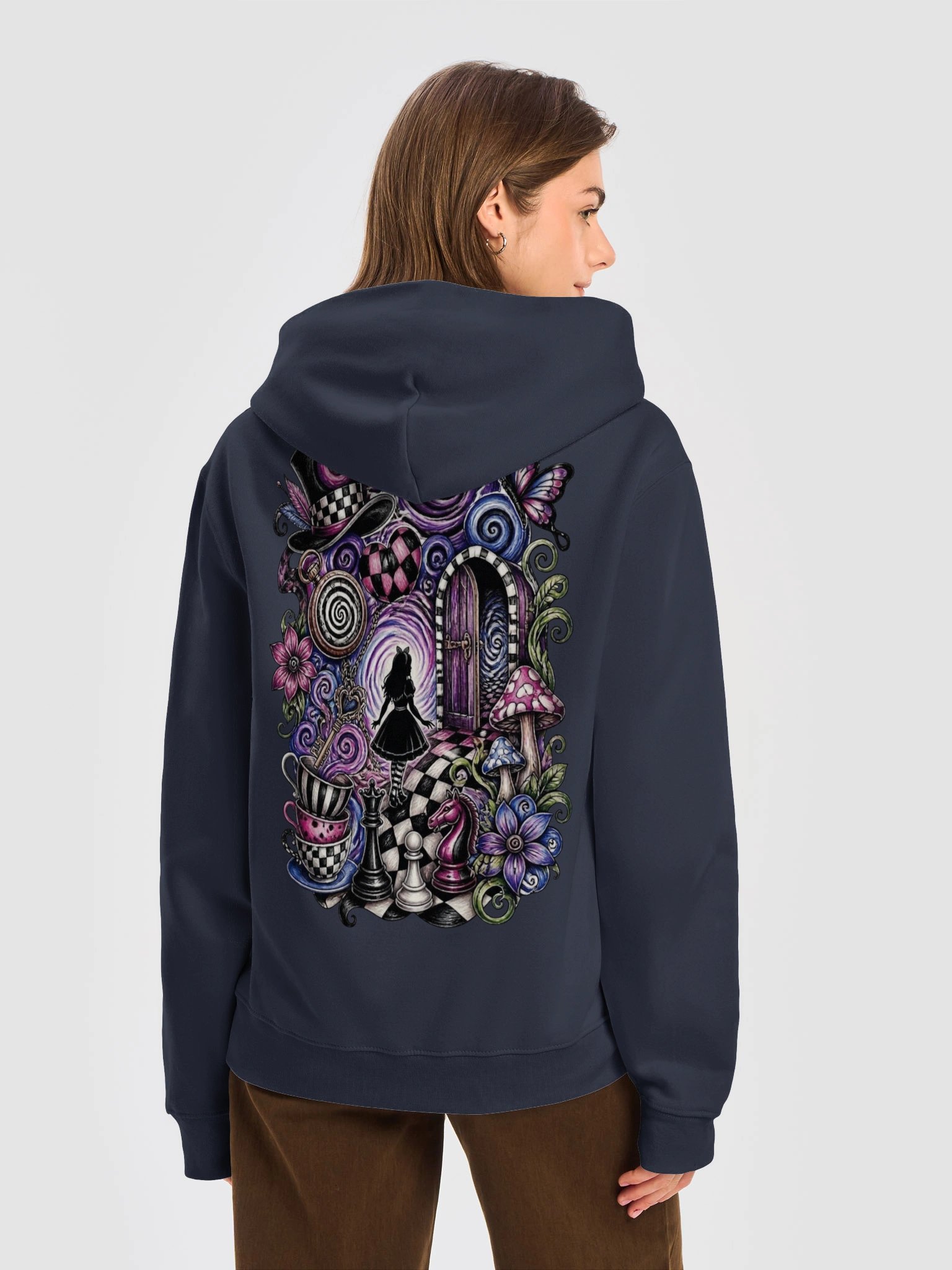 Whimsical Wonderland Portal Hoodie, Surreal Dark Alice Graphic product image (7)